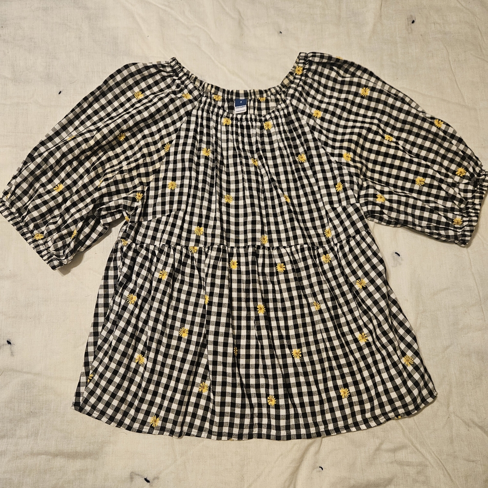 Old Navy Black and White Checkered Top with Yellow Embroidery